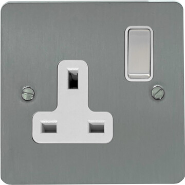flat brushed steel single socket (white insert/satin chrome switch) front fc20825