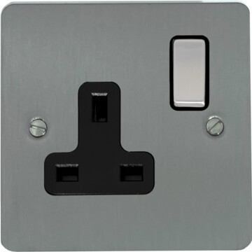 flat brushed steel single socket (black insert/satin chrome switch) front fc20825