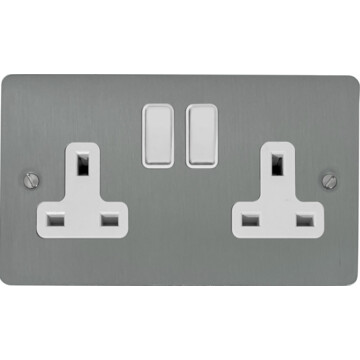 flat brushed steel double socket (white switches) front fc20825