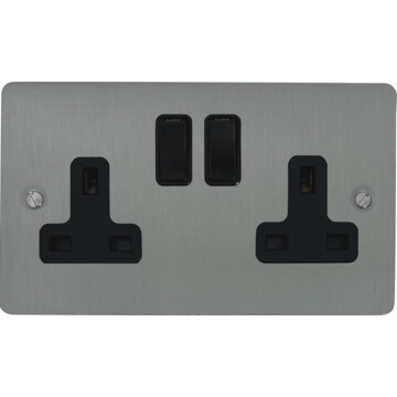 flat brushed steel double socket (black switches) front fc20825