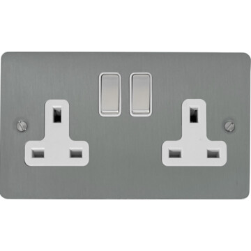 flat brushed steel double socket (white insert/satin chrome switches) front fc20825