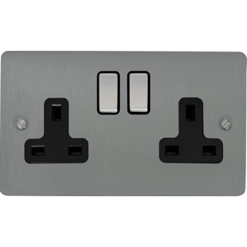 flat brushed steel double socket (black insert/satin chrome switches) front fc20825
