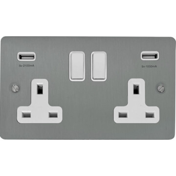 flat brushed steel double socket with usb (white switch) front fc20825