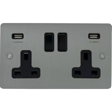 flat brushed steel double socket with usb (black switch) front fc20825