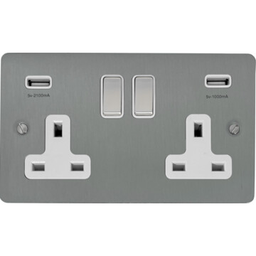 flat brushed steel double socket with usb (white insert/satin chrome switches) front fc20825
