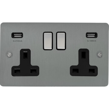 flat brushed steel double socket with usb (black insert/satin chrome switches) front fc20825