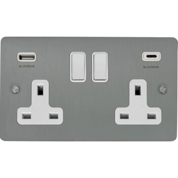 flat brushed steel double socket with usb (usb a and usb c/white switches) front fc20825