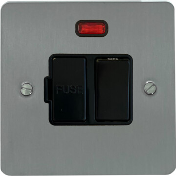 flat brushed steel switched fused spur with neon (black switch) front fc20825