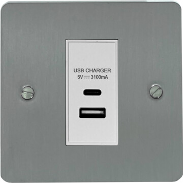 flat brushed steel usb charger (usb a and usb c) (1 gang/white insert) front fc20825