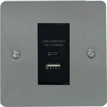flat brushed steel usb charger (usb a and usb c) (1 gang/black insert) front fc20825