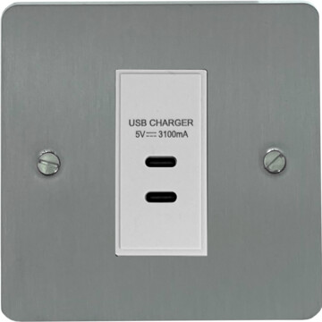 flat brushed steel usb charger (2x usb c) (1 gang/white insert) front fc20825