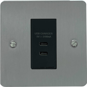 flat brushed steel usb charger (2x usb c) (1 gang/black insert) front fc20825