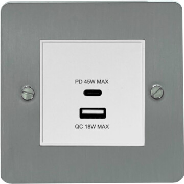 flat brushed steel usb charger (dual usb a + c quick charge) (1 gang/white insert) front fc20825