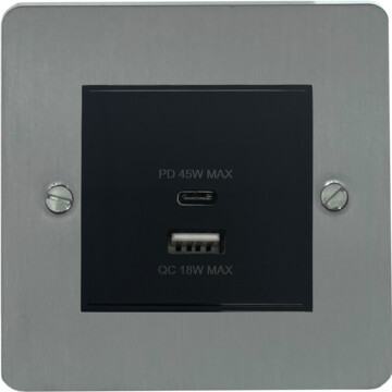 flat brushed steel usb charger (dual usb a + c quick charge) (1 gang/black insert) front fc20825