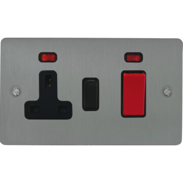 flat brushed steel cooker switch with socket (black switch) front fc20825