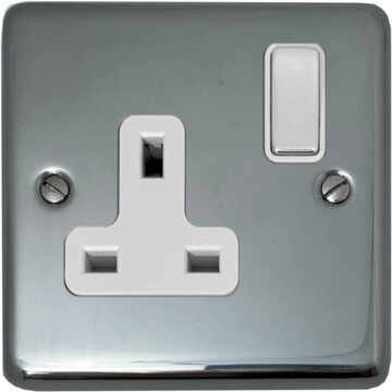 polished steel single socket (white insert/chrome switch) front fc20825