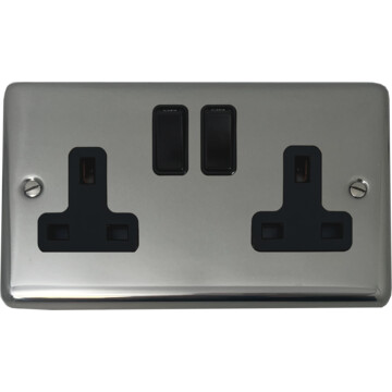 polished steel double socket (black switches) front fc20825
