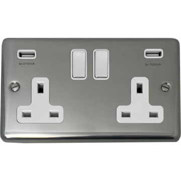 polished steel double socket with usb (white inserts/chrome switches) front fc20825