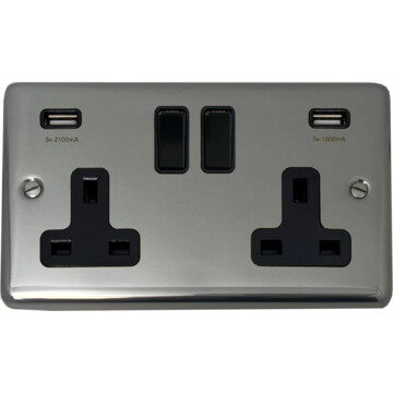 polished steel double socket with usb (black switches) front fc20825