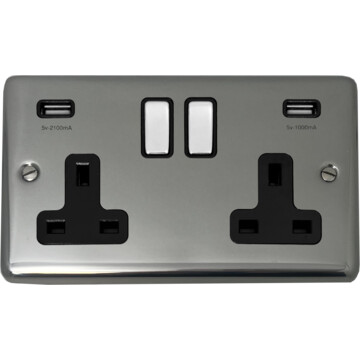 polished steel double socket with usb (black inserts/chrome switches) front fc20825