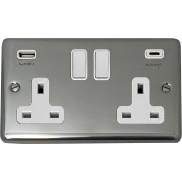 polished steel double socket with usb (2 gang/usb a and usb c/white switches) front fc20825
