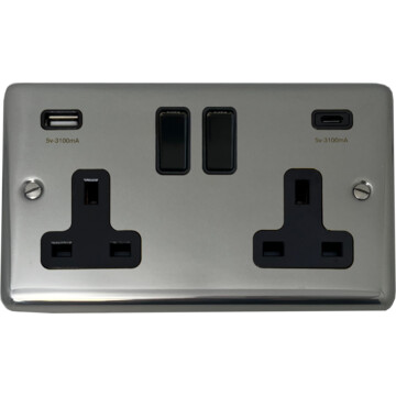 polished steel double socket with usb (2 gang/usb a and usb c/black switches) front fc20825