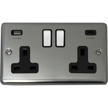 contour polished steel double socket with usb (usb a and usb c/black inserts/steel switches) front fc20825
