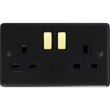 flat black double socket (polished brass switch) front fc20825