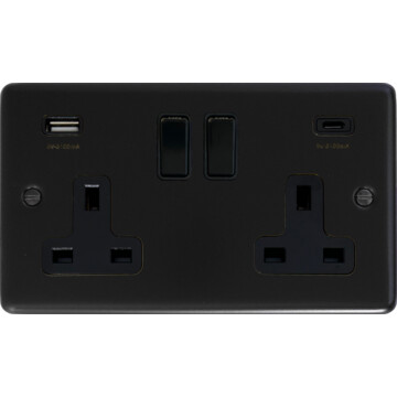 matt black double socket with usb (2 gang/usb a and usb c) front fc20825