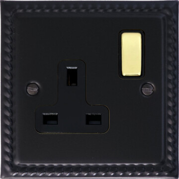 georgian black single socket (black insert/polished brass switch) front fc20825