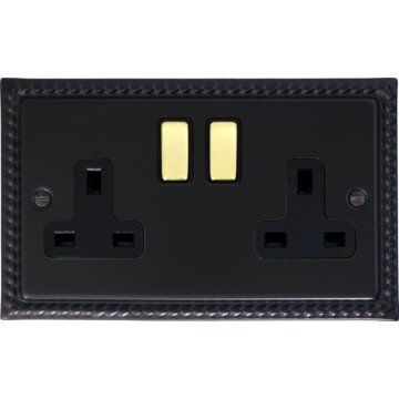 georgian black double socket (black insert/polished brass switches) front fc20825