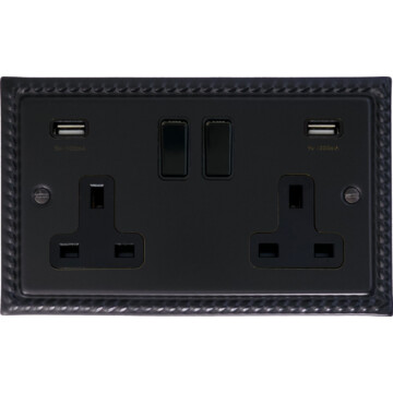georgian black double socket with usb (black switches) front fc20825