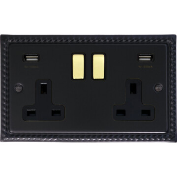georgian black double socket with usb (black inserts/polished brass switches) front fc20825