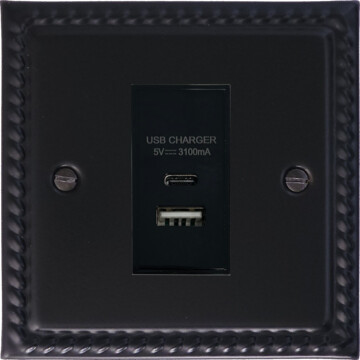 georgian black usb charger (usb a and usb c) (black insert/1 gang) front fc20825