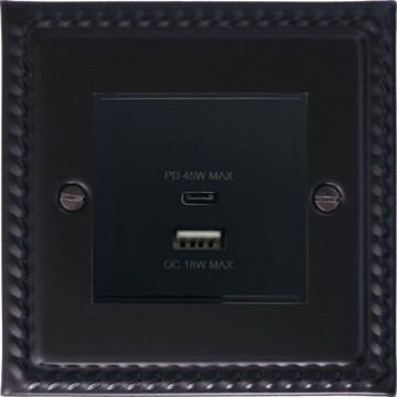 georgian black usb charger (dual usb a + c quick charge) (black insert/1 gang) front fc20825