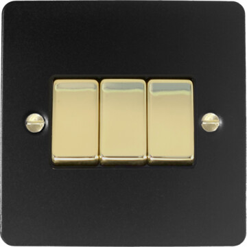 flat black light switch (3 gang/polished brass switches) front fc20825