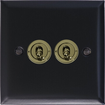 spectrum flat black toggle switch (2 gang/polished brass toggles) front fc20825