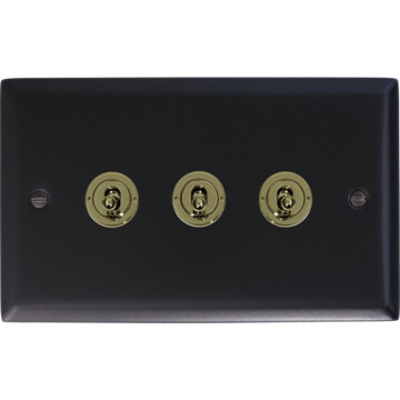 spectrum flat black toggle switch (3 gang/polished brass toggles) front fc20825
