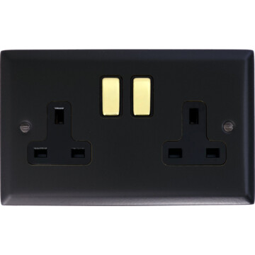 spectrum flat black double socket (polished brass switches) front fc20825