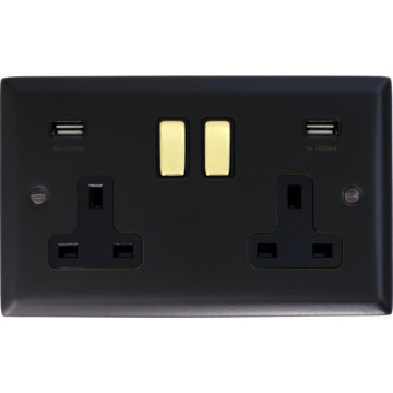 spectrum flat black double socket with usb (polished brass switches) front fc20825