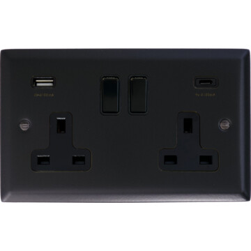 spectrum matt black double socket with usb (2 gang/usb a and usb c) front fc20825