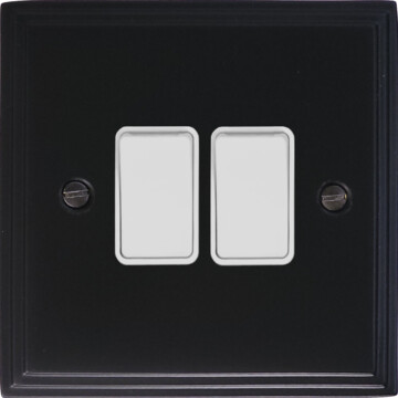 victorian matt black light switch (2 gang/white switches) front fc20825