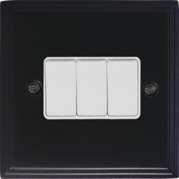 victorian matt black light switch (3 gang/white switches) front fc20825