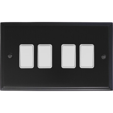 victorian matt black light switch (4 gang/white switches) front fc20825