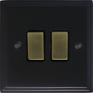victorian matt black light switch (2 gang/antique brass switches) front fc20825