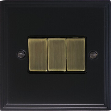 victorian matt black light switch (3 gang/antique brass switches) front fc20825