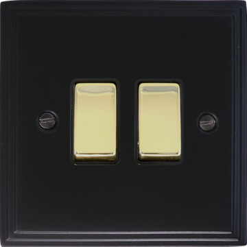 victorian matt black light switch (2 gang/polished brass switches) front fc20825
