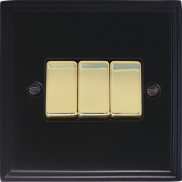 victorian matt black light switch (3 gang/polished brass switches) front fc20825