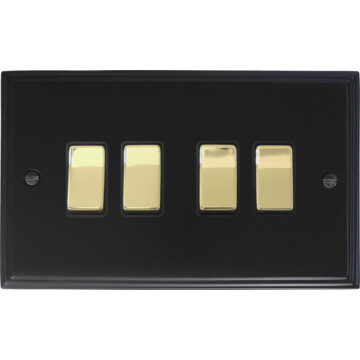 victorian matt black light switch (4 gang/polished brass switches) front fc20825