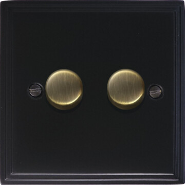 victorian matt black led dimmer (2 gang/antique brass caps) front fc20825